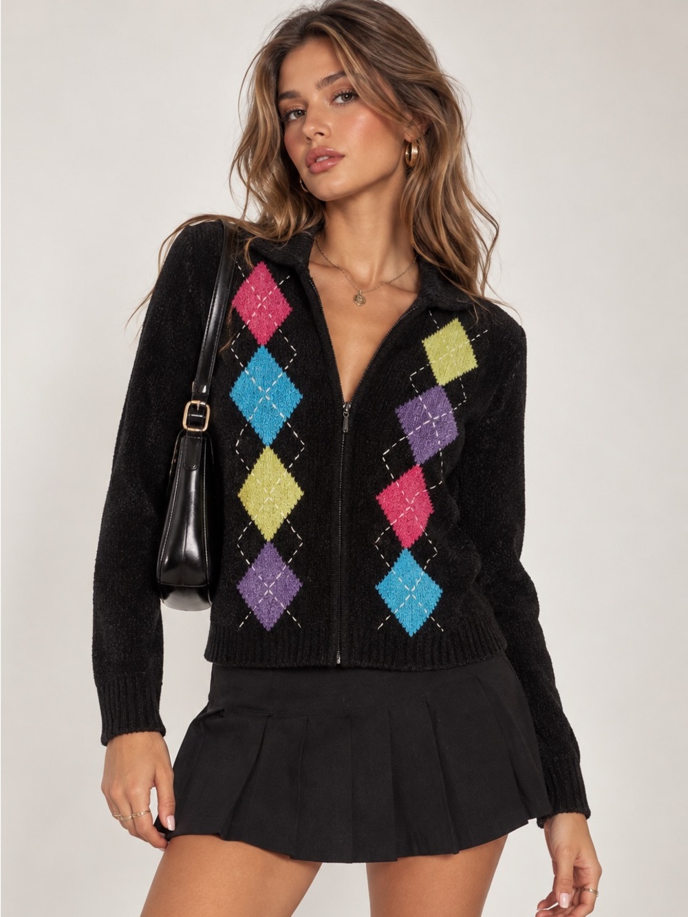 Vintage Y2K Alfred Dunner Black Pink Blue Argyle Zip Cardigan Sweater Petite M